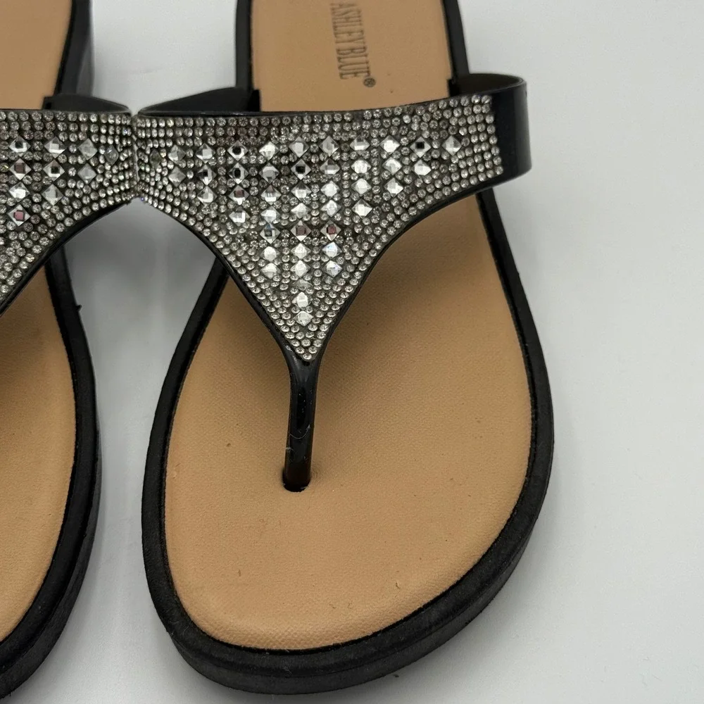 Ashley Blue Black Rhinestone‎ Embellished Thong Sandals Flip Flops Size 8